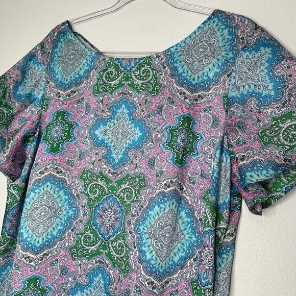 Talbots Blouse Paisley short Sleeve Blue Green Pink Lightweight XL Satin - Picture 5 of 9